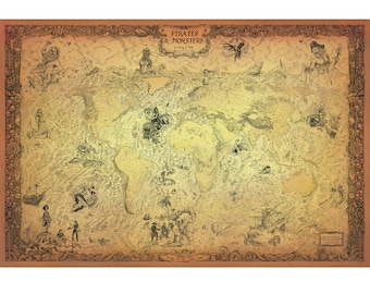 PIRATE WORLD MAP - Hand drawn Pirates of the Seven Seas World Map- Our SeaBeastie , Pirate ship and Sea Gods world map - Treasure island