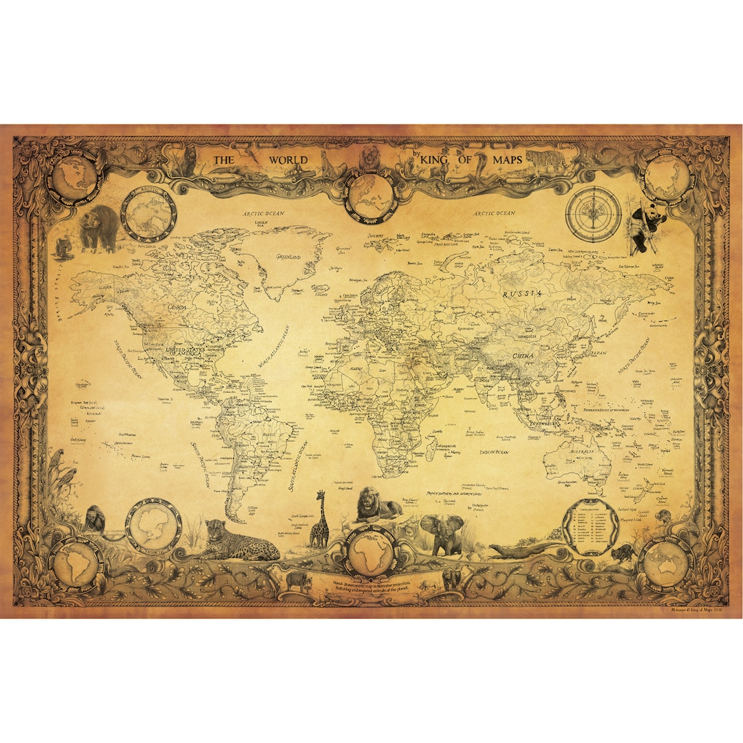Animal World Map – Hand‑drawn Art Print – Endangered Species Around the ...