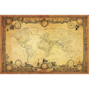 CARTE DU MONDE DES ANIMAUX - Carte du monde dessinée à la main représentant des animaux en voie de disparition - Ours polaire Lion Panda Éléphant