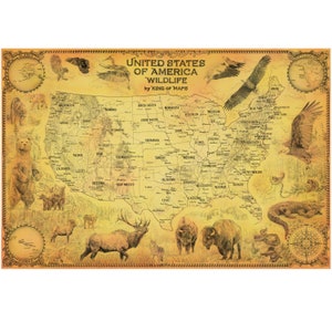 May include: A vintage-style map of the United States with illustrations of animals native to each state. The map is on a yellowed background with a compass rose in the bottom right corner. The text "United States of America Wildlife" is at the top of the map.