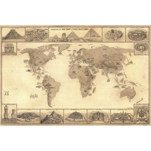 CARTE DES CIVILISATIONS ANCIENNES Carte du monde dessinée à la main, preuve des civilisations passées par King of Maps
