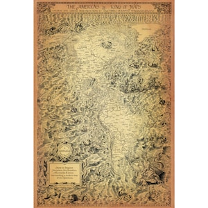 LA CARTE DES AMÉRIQUES - Carte du continent américain dessinée à la main avec remaniement des images de la carte de Gutierrez et de certaines de nos créatures