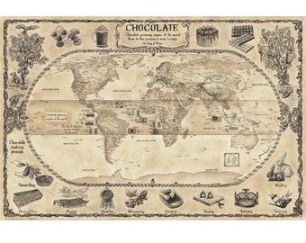 CHOCOLATE WORLD MAP -  Chocolate lover's Love this Map.  Our Chocolate Map shows chocolate growing region and Chocolate making process.