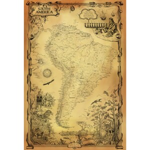 CARTE DE L'AMÉRIQUE DU SUD - Dessinée à la main avec Amerigo Vespucci, le roi Inca et les animaux de la jungle amazonienne qui entourent la carte moderne de l'Amérique du Sud.