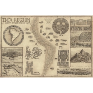 CARTE DE LA RÉGION INCA - Explorez la région des Incas Carte dessinée à la main des temples et des dieux du Pérou Cadeau idéal pour les visiteurs au Pérou.