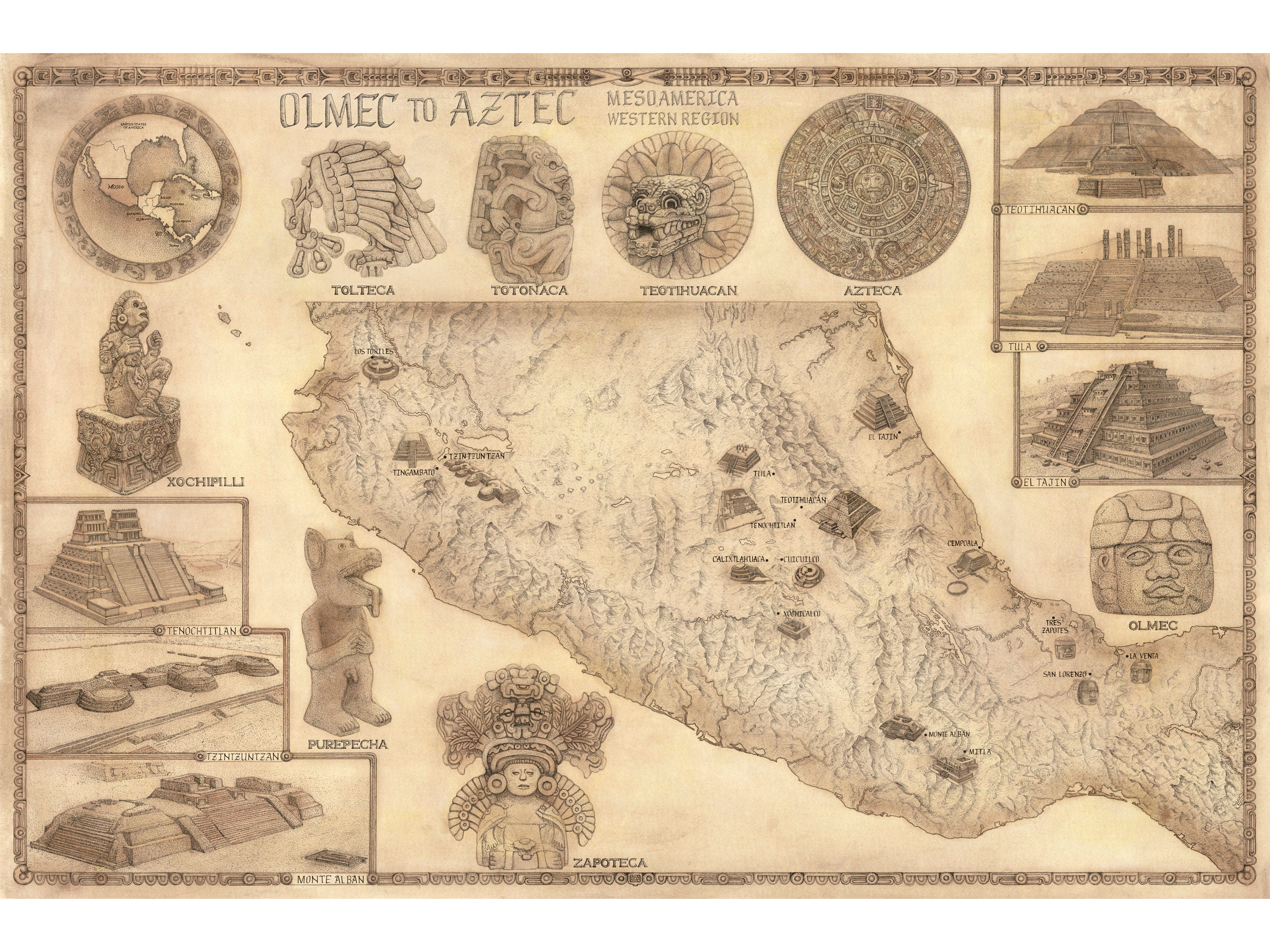 Mapa AZTECA Mapa artesanal azteca a OLMEC dibujado a mano Etsy México