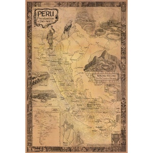 CARTE DES CULTURES DU PÉROU par King of Maps - carte du Pérou dessinée à la main, entourée de 7 sites merveilleux du pays.