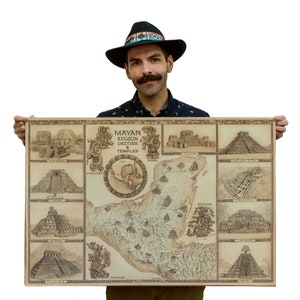 CARTE DE LA RÉGION MAYA. Explorez les dieux et les temples mayas avec notre carte du monde maya dessinée à la main. Un souvenir idéal de votre séjour au Mexique.