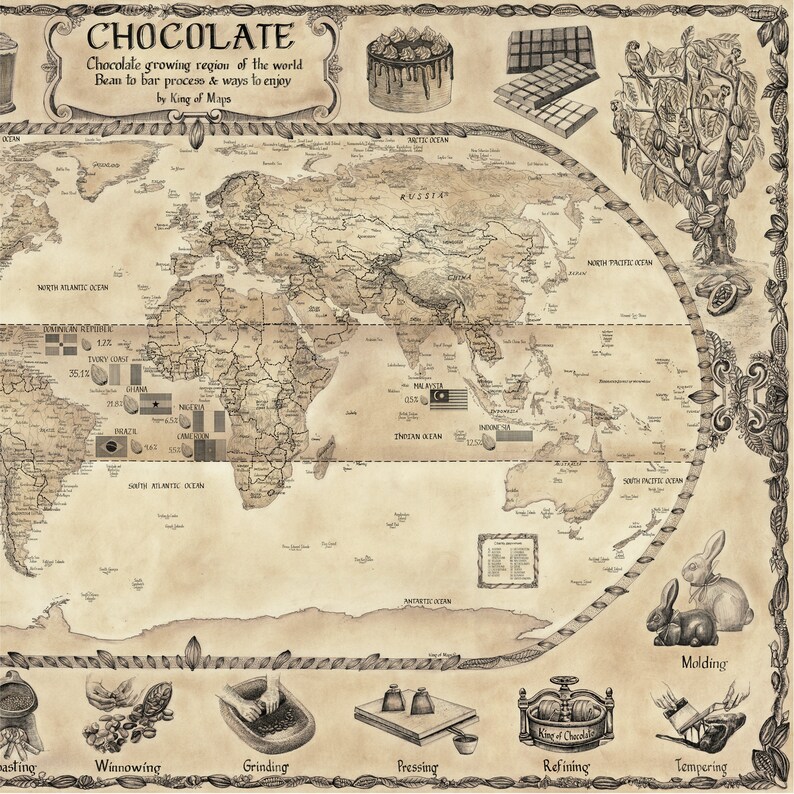 Chocolate World Map – Hand‑drawn Art Print – Cacao‑growing Regions ...