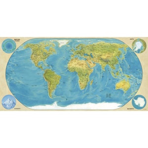 May include: A detailed world map with a blue ocean and green landmasses. The map is surrounded by insets showing the Mariana Trench, Mount Everest, the Arctic, and Antarctica.