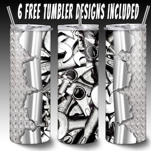 May include: Three stainless steel tumblers with a design of tools and a diamond plate pattern. The tumblers are 20 ounces each.