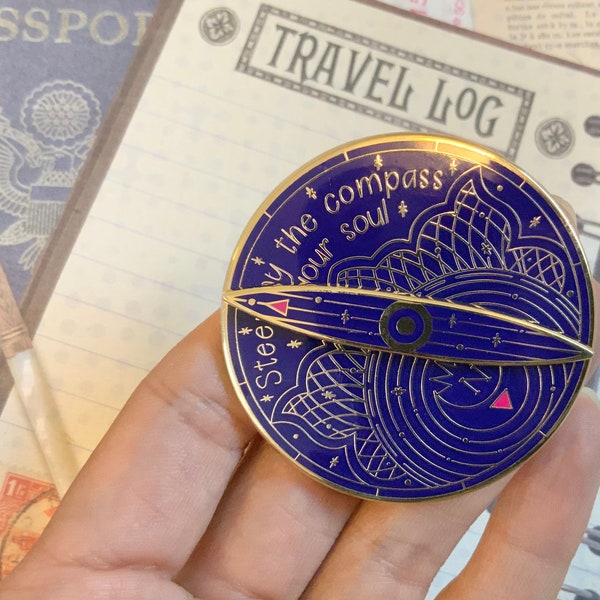 Beautiful enamel spinning compass pin with a reminder to follow your heart,  interactive spinner pin