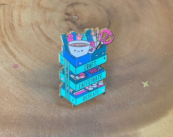 Pretty craft cart enamel pin! A cart full of art & craft supplies and a hot beverage! Cute gift for planners and stationery collectors