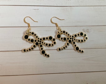 Gold plated enamel dangle bow earrings. Perfect gift kawaii earrings. Lovely black pair with 14k gold plated ear hooks