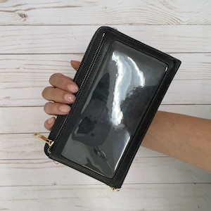 Large Vegan Leather Zip-around Pin Display Clutch ITA Wallet with Wristlet & Crossbody Strap Attachment Black