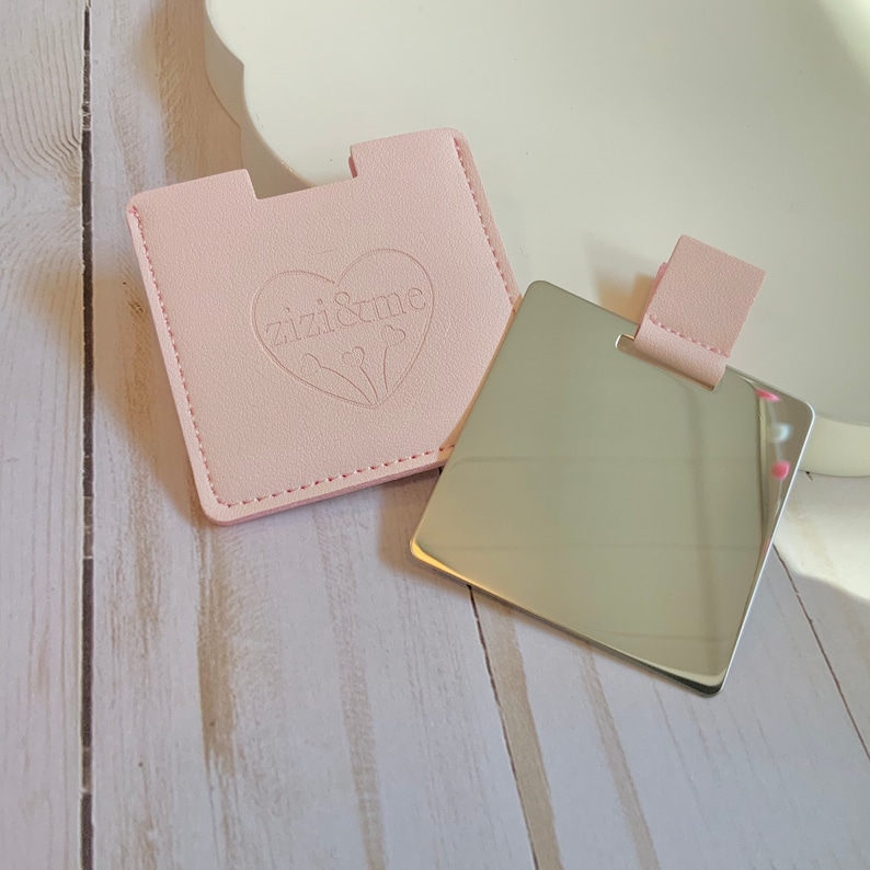 Pretty little compact square pocket mirror with vegan leather protective travel pouch, sweet and useful mini gift Pink