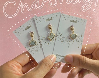 Mini gold plated teapot, teacup & book zipper charms with a lobster clasp! Perfect for planners pencil cases backpack zips
