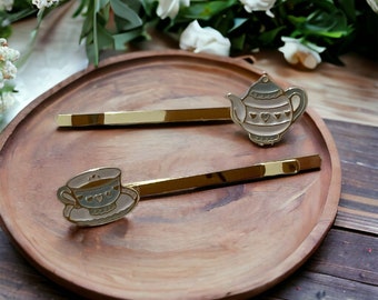 Gold plated tea lovers enamel hair pin set