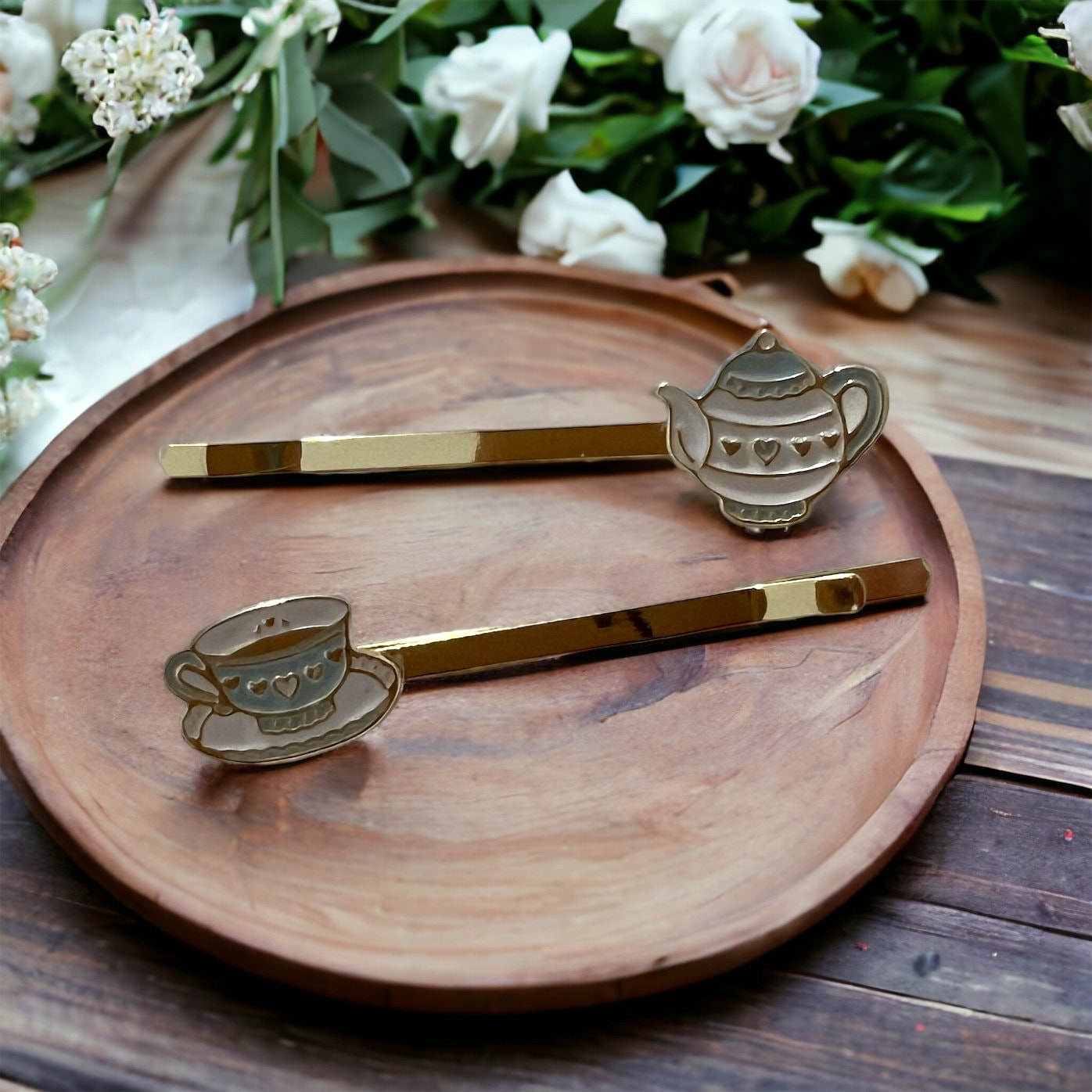 Gold plated tea lovers enamel hair pin set