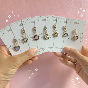Mini gold plated pink Sakura flower planner & zipper charm with a lobster clasp, so tiny! Perfect for planners pencil cases backpacks