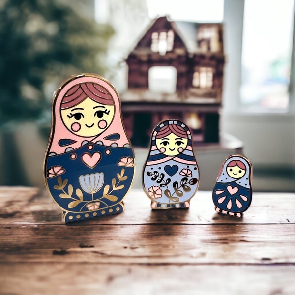 Nesting dolls kawaii gold plated enamel pin set. Fab pin board fillers, matryoshka doll pins set of 3 gift. Tiny babies to bring you joy!