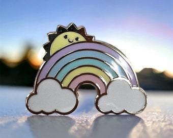 Cute Pastel Rainbow cloud puffs & kawaii sun hard enamel pin