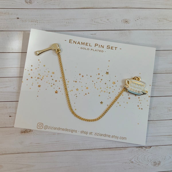 Cute mini gold plated enamel pin set. Collar pins with chain, pretty teaspoon and teacup pin set jewelry