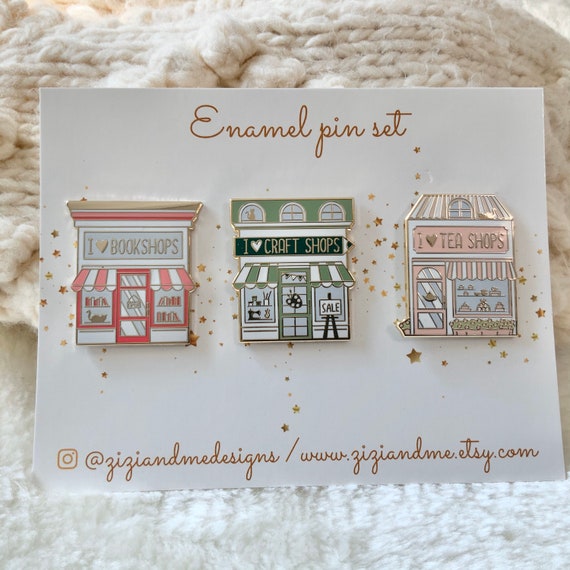 I heart shops.. book shop, craft shop and tea shop, 3 enamel pin gold plated gift set! Pretty holiday accessories gift!