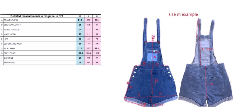 May include: A denim overall short with adjustable straps and a front pocket. The overall short is shown in size M with measurements in centimeters. The measurements are labeled A through J.