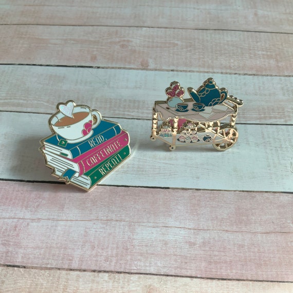Delicate Afternoon Tea Cart Enamel Pin & Books With Tea Pin -  Denmark