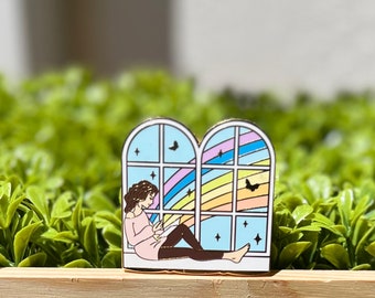 Pretty piece of art pin for day dreamers! Summer rainbow window enamel pin