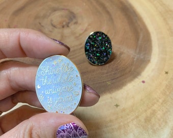Beautiful enamel glitter starry sky pin with Rumi Quote, great gift and positive reminder for dreamers and thinkers