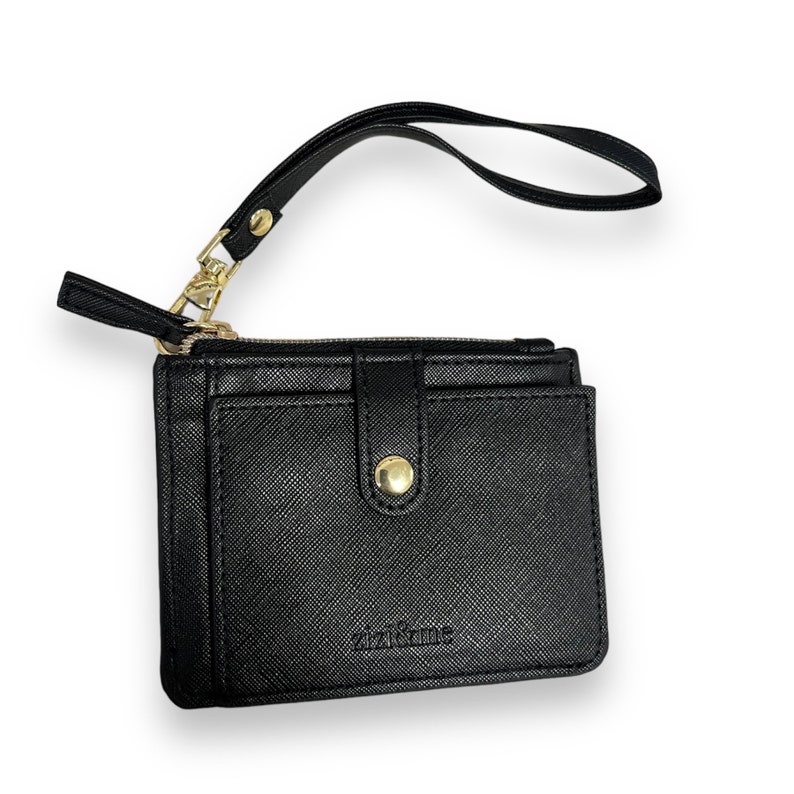 Vegan Leather Compact ID Wallet with Wristlet Attachment Hollingworth collection Sable Black