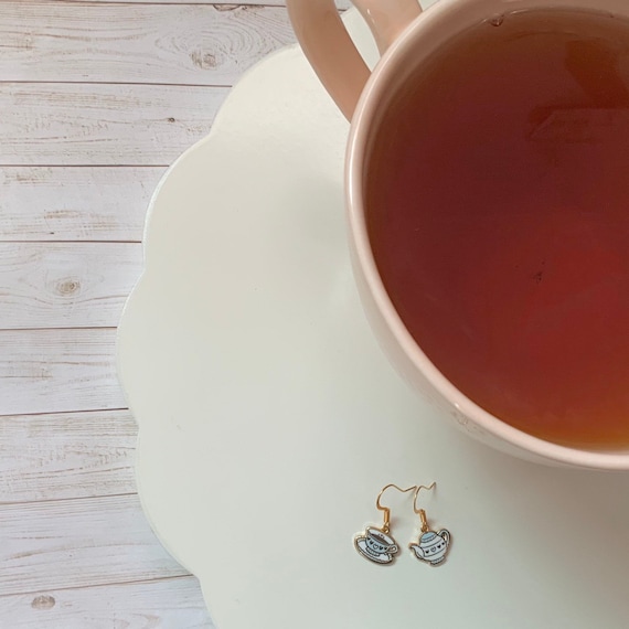 Gold Plated Teacup & Teapot Enamel Earrings, Mismatched Pair