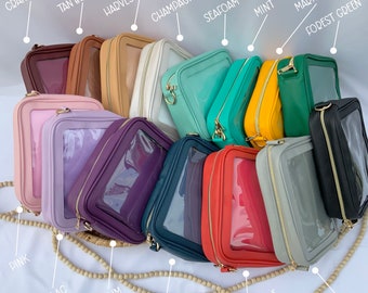 Classic small crossbody ITA Vegan leather bag V2 with clear vinyl display window & insert for pin display, converts to wristlet