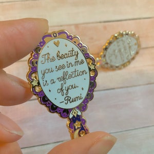 Beautiful 1.5 inch inner beauty enamel mirror pin with Rumi Quote