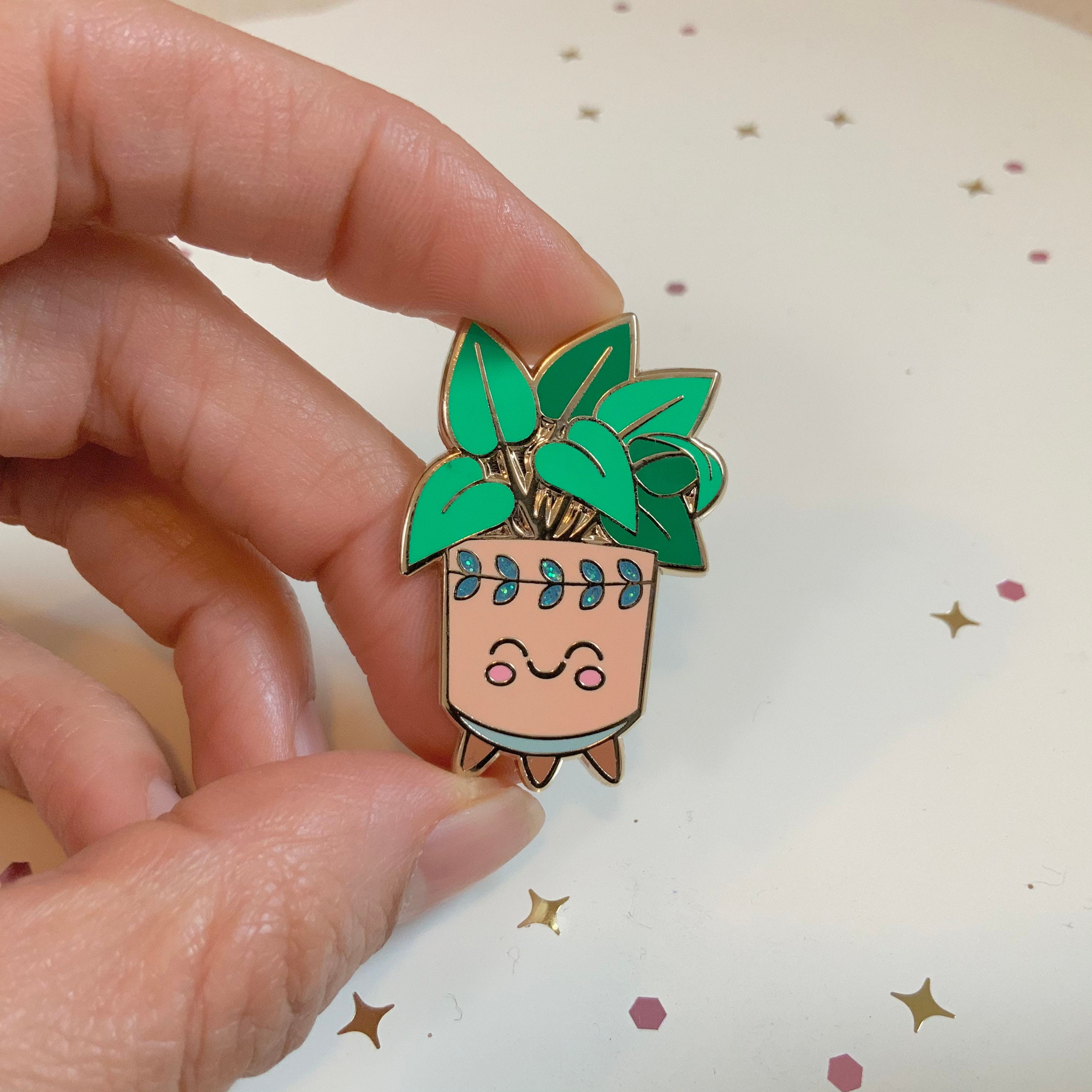 Kawaii Plant Enamel Pin, Gold Plated, Glitter Detail - Etsy