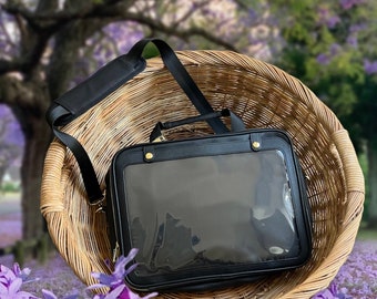 Luxury Vegan leather ITA laptop bag w/ clear vinyl display window & Insert for enamel pin display. Pin collectors dream gift!