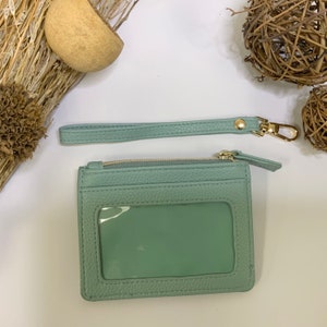 Vegan Leather Compact ID Wallet with Wristlet Attachment Hollingworth collection Sage