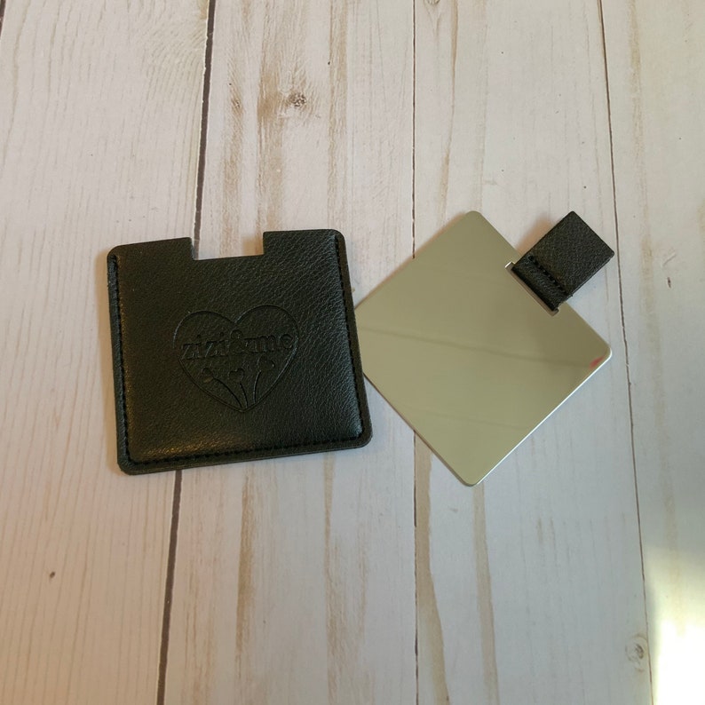Pretty little compact square pocket mirror with vegan leather protective travel pouch, sweet and useful mini gift Black