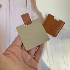 Pretty little compact square pocket mirror with vegan leather protective travel pouch, sweet and useful mini gift Tan