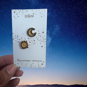 Mini gold-plated celestial enamel pins - set of 2. Sun and moon pin gift. Glitter pins to light your way!