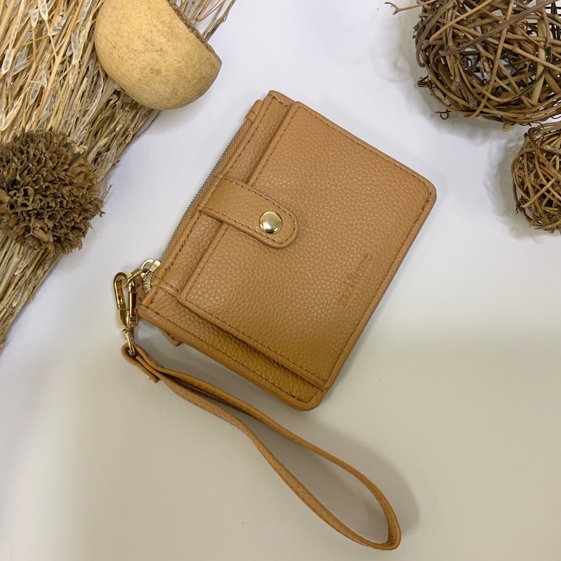 Vegan Leather Compact ID Wallet with Wristlet Attachment Hollingworth collection Chestnut