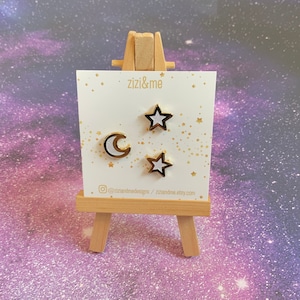 Mini gold-plated celestial enamel pins - set of 3. Adorable sparkly stars and moon pin gift. Glitter pins to light your way!