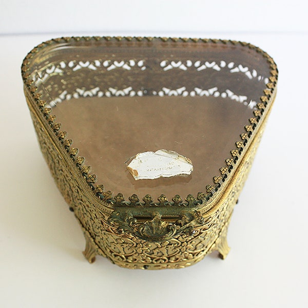 Vintage Triangle 24 K Gold Filigree Beveled Glass Jewelry Box, Trinket Box by Globe