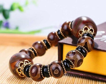 Excellent Magic Power Tibetan Agate Lucky *3Eyes* Dzi Beads Stretchy Bracelet