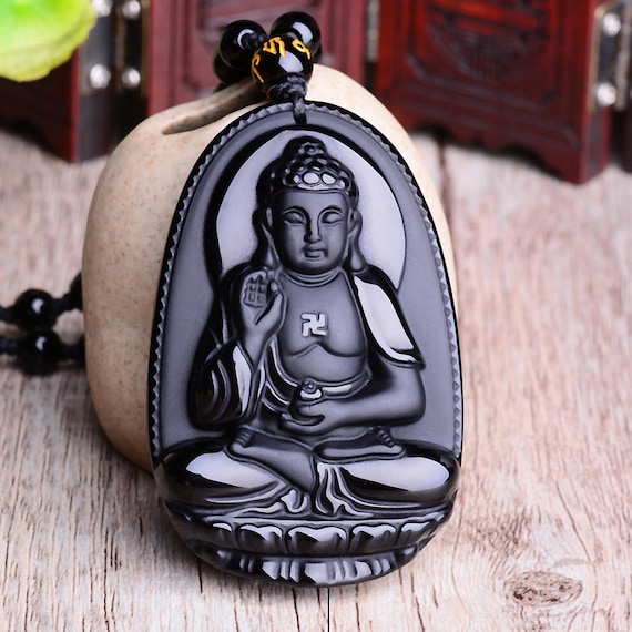 Natural Stone Black Obsidian Carved Buddha Lucky Amulet Pendant