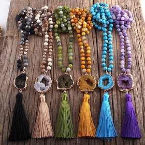 Fashion  Jewelry Semi Precious Stones Knotted Druzy Stone Links Tassel Necklaces For Women  Necklace