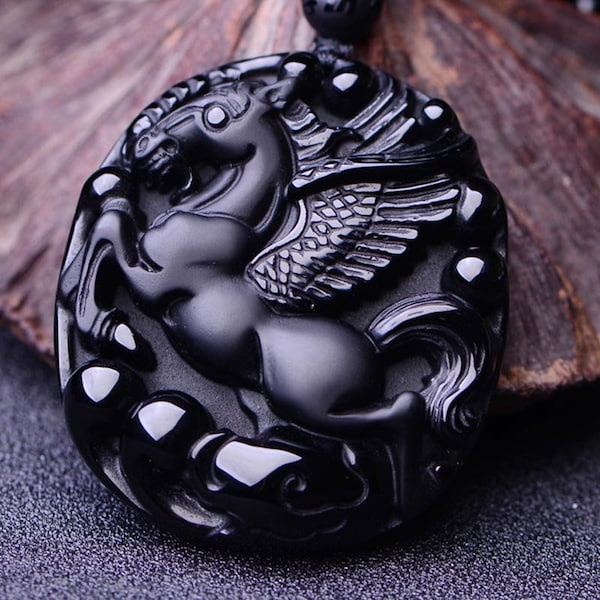 Natural Black Obsidian Pendant Amulet Pegasus Horse Obsidian Necklace For Men Women Crystal Fine Jewelry Gift