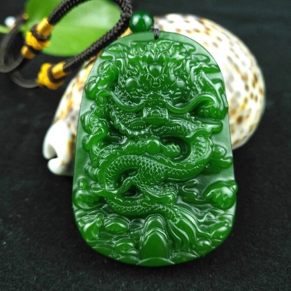 Green Jade Dragon Pendant Necklace Natural Chinese Carved Jadeite